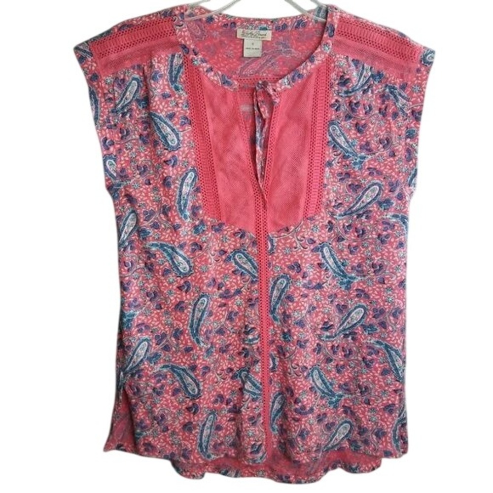 LUCKY BRAND Sm Tunic Short Sleeve Paisley Blouse Summer Vacation comfy